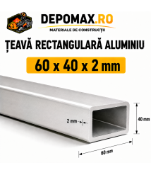 Teava rectangulara aluminiu 60 x 40 x 2 mm, 6 metri (EN AW-6060)